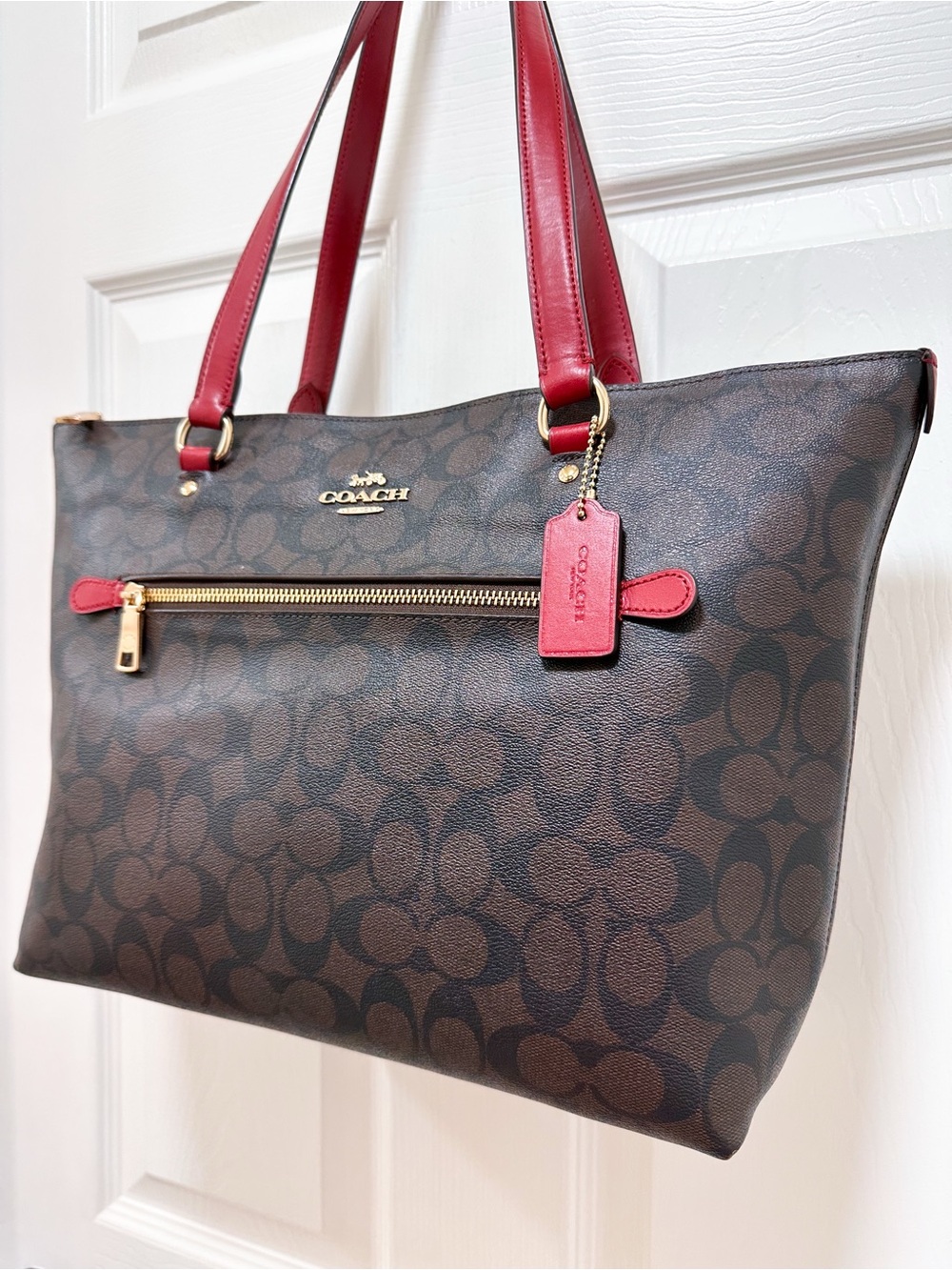 Coach Gallery Tote Bag Signature Coated Canvas Brown Crimson Red 79609 - Picture 4 of 16